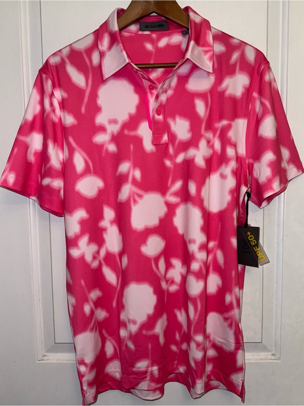 G/FORE NWT Blur Floral Tech Jersey Polo in "Knockout Pink" - Picture 3 of 8